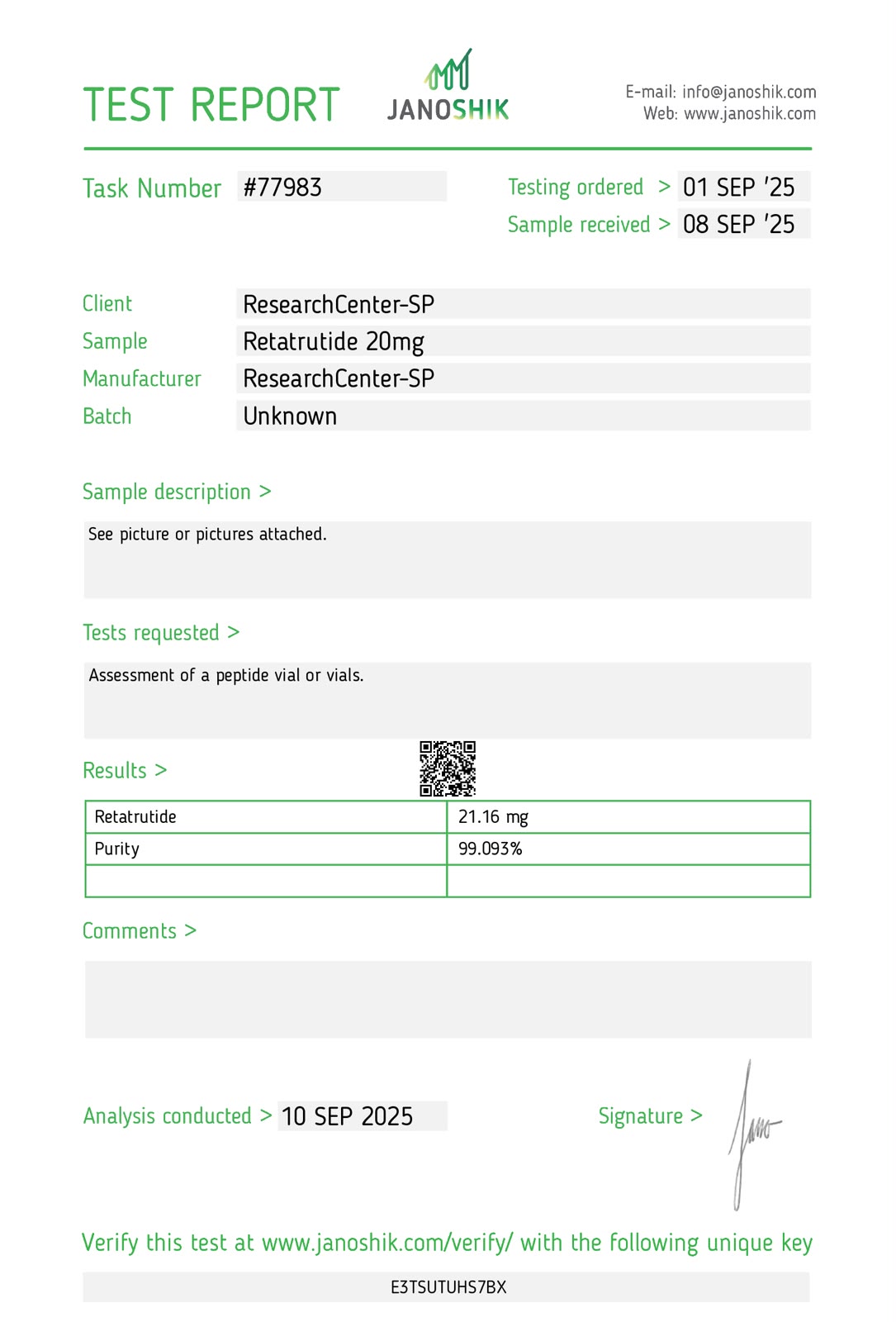 Janoshik Analytical certificate of analysis — Retatrutide 20mg Purity Report (Janoshik #77983)