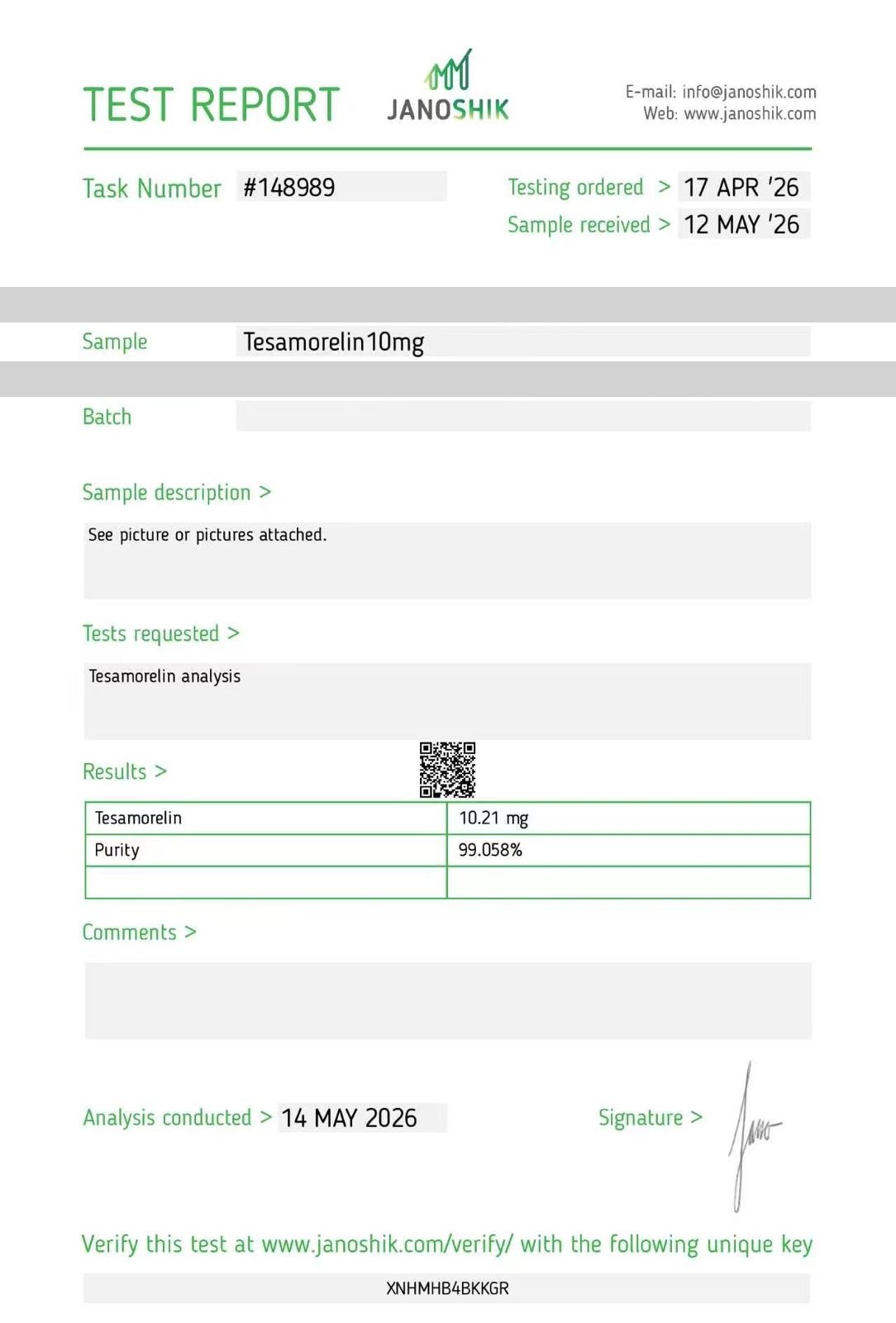 Tesamorelin 10mg Purity Report — third-party HPLC certificate of analysis