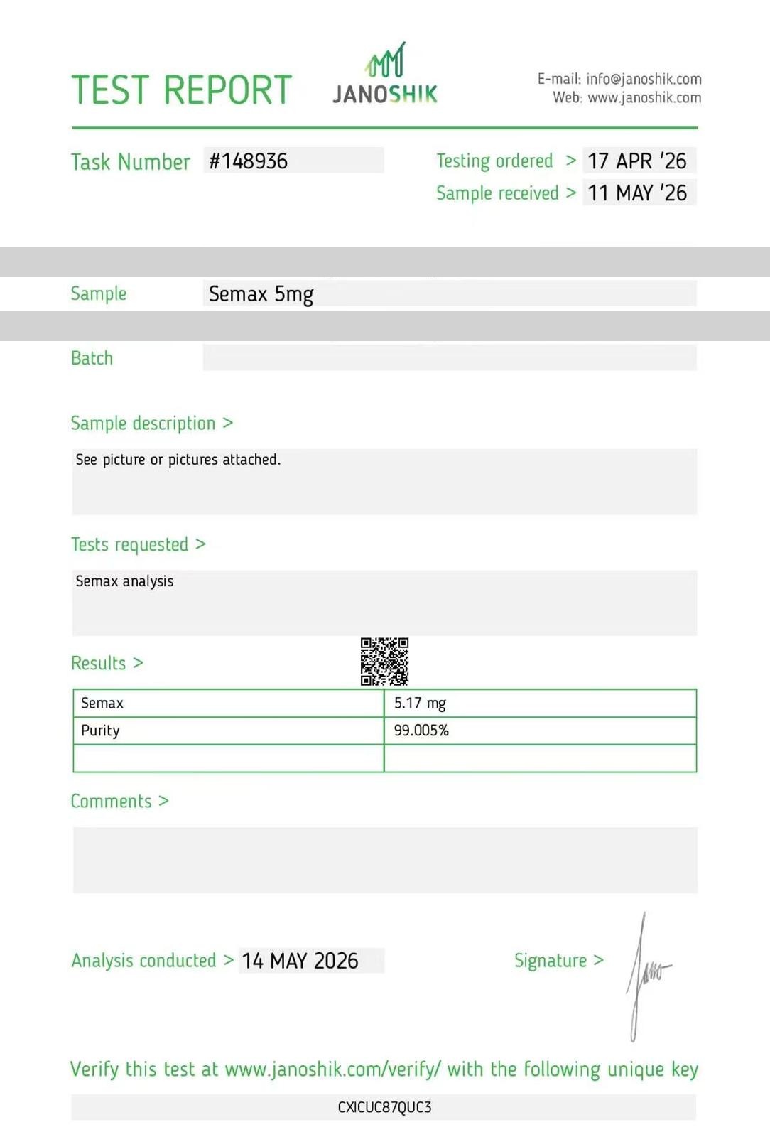 Semax 5mg Purity Report — third-party HPLC certificate of analysis