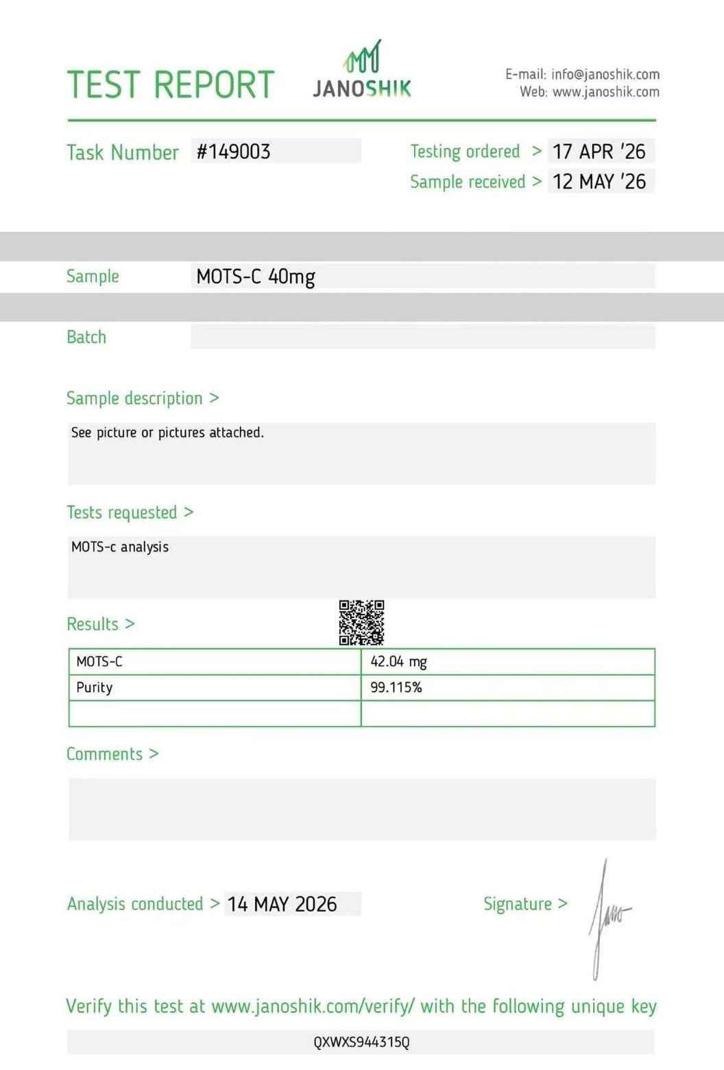 Janoshik Analytical certificate of analysis — MOTS-C 40mg Purity Report