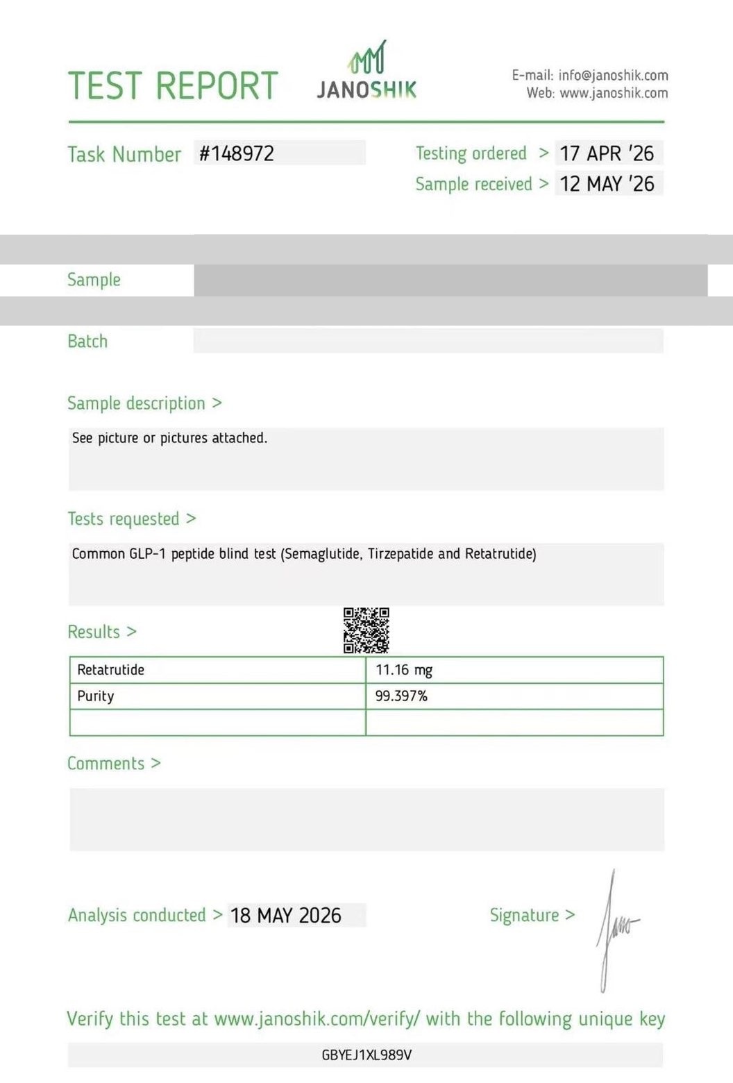 Retatrutide 10mg Purity Report (Earlier Batch) — third-party HPLC certificate of analysis