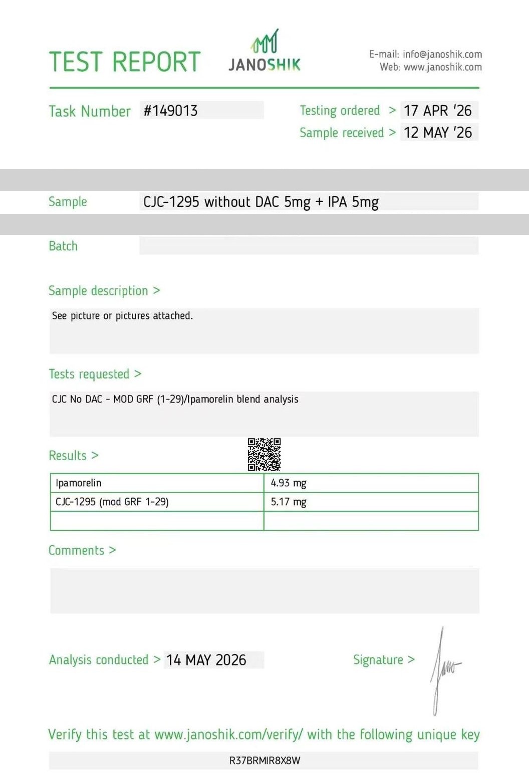 Janoshik Analytical certificate of analysis — CJC-1295 No DAC Purity Report