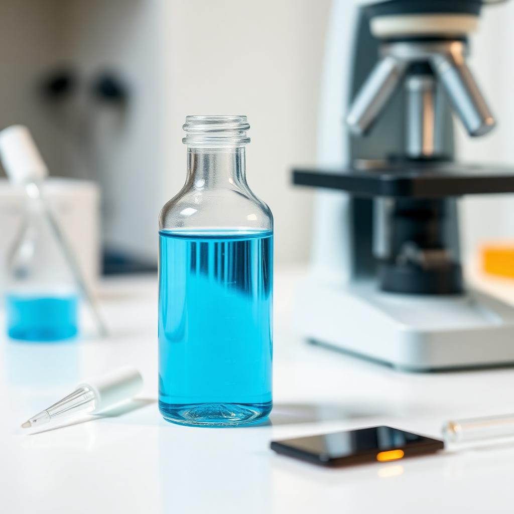 A clear glass vial of blue GHK-Cu copper peptide solution on a white laboratory bench beside a pipette and microscope