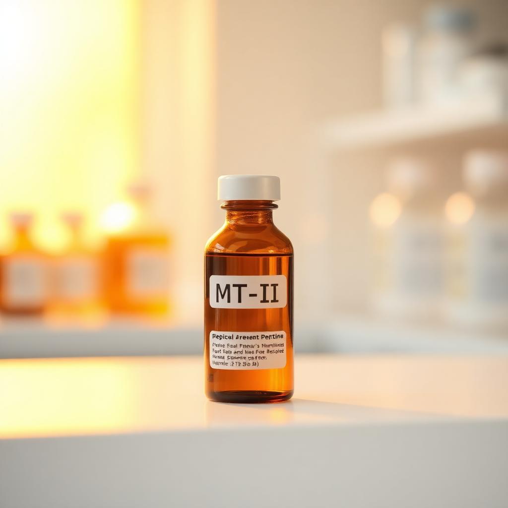 An amber research vial labelled MT-II on a clean laboratory surface representing the Melanotan II reference compound