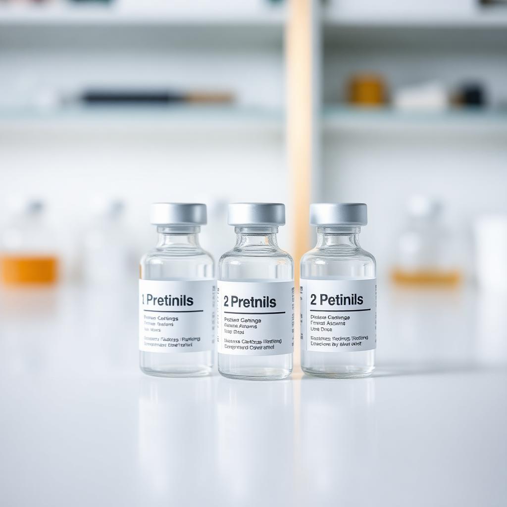 Three labelled research peptide vials representing retatrutide, tirzepatide and semaglutide on a laboratory bench